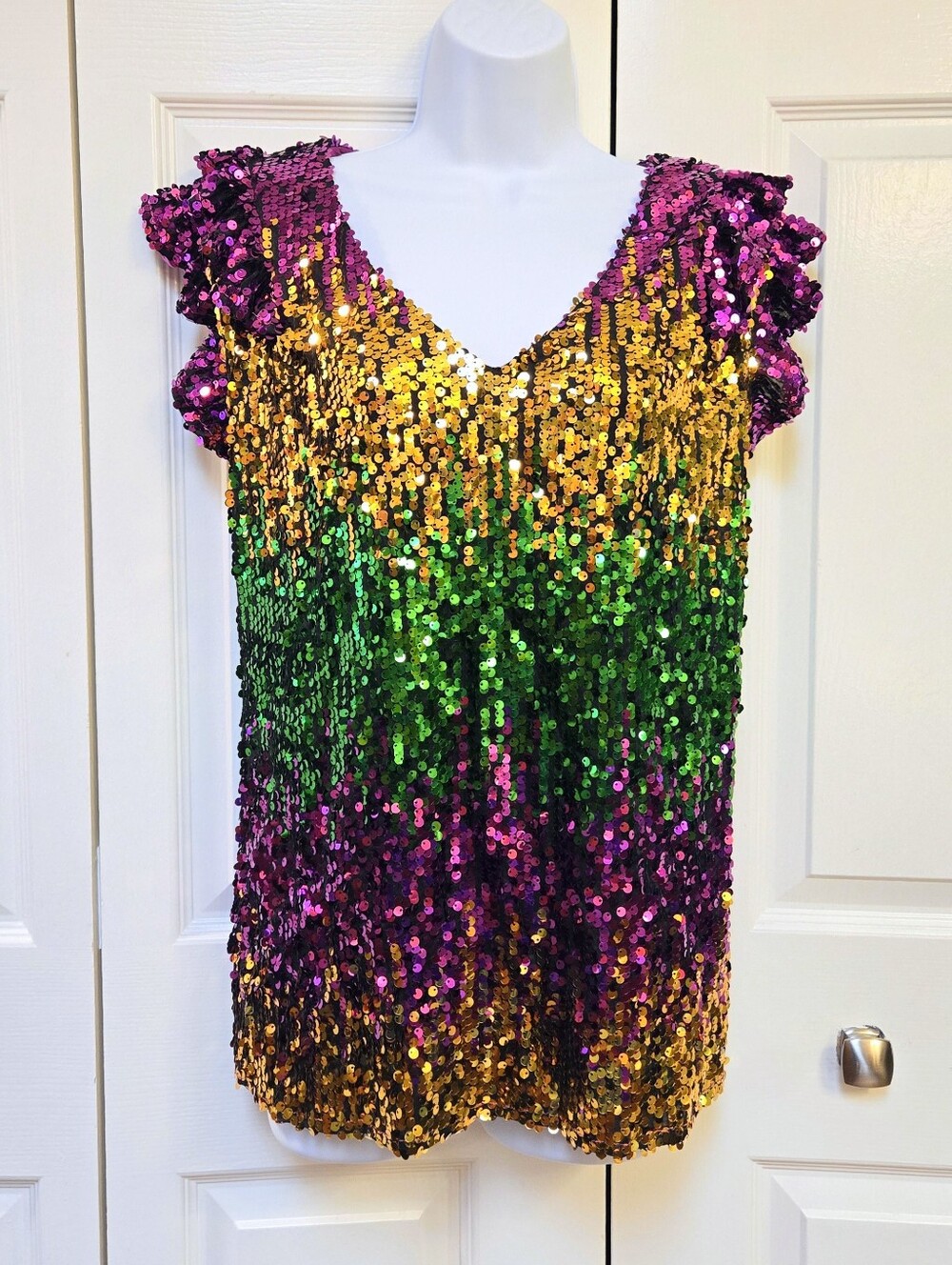 BiBi Mardi Gras Sequin Top Ruffle Sleeve